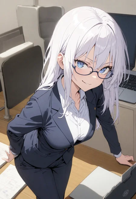 score_9, score_8_up, score_7_up, score_6_up, masterpiece, best quality, absurdres, perfect composition, solo, 1girl, medium breast, gojo satoru, blue eyes, white hair, long hair, business suit, glasses, laptop on desk, office background, smirk, standing, looking at viewer,