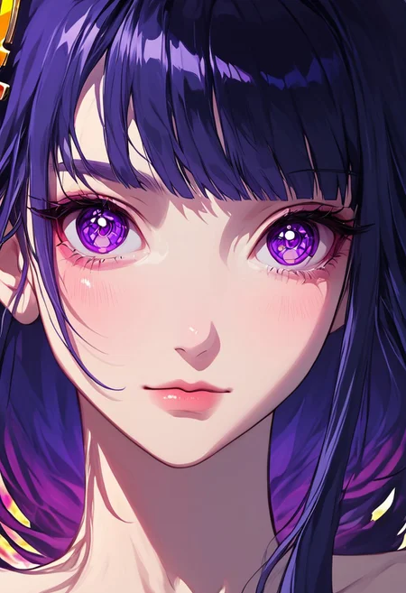 masterpiece,best quality,amazing quality, 1girl, Raiden shogun close-up,portrait, eye focus, Colorful themes,High Saturation, haiz_ai, no lineart,no outline, <lora:ponyv6_noobE11_2_adamW-000017:0.3> <lora:MeMaXL4:0.8> <lora:veluflora-wai:0.35> <lora:haiz_ai_illu:0.7>
