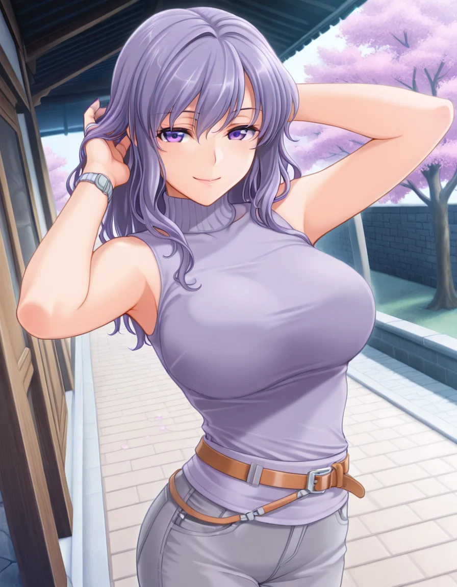 solo, smile, Placing hands behind head, serene courtyard with cherry blossom trees in bloom, bare shoulders, collarbone, purple shirt, purple nails, sleeveless, belt, grey pants, turtleneck, wristwatch, taut clothes,
<lora:Konoha_Hatoko_LCD_v02:0.9> konohahatoko lcd, long hair,
masterpiece, best quality, amazing quality,