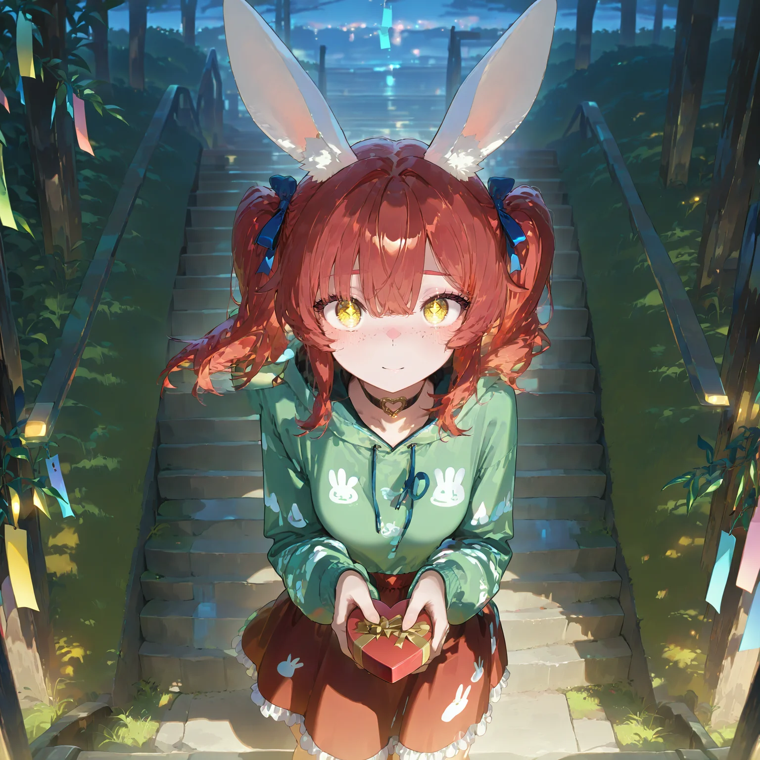 masterpiece, best quality, amazing quality, very aesthetic, absurdres, newest, scenery, 1girl,solo, heart-shaped box, incoming gift, tanabata, happy valentine,  <lora:add-detail-xl:2> <lora:illustrious_noobai_epsilon_pred_1_best_quality_v1:0.8><lora:illustrious_noobai_epsilon_pred_1_masterpieces_v1:0.8> perfect hands, perfect fingers, stairs, grass, smooth hair, detailed hair, 
<lora:Mera_Red_bunny_girl__Illustrious:1> green hoody, printed hoody, animal print,red skirt, frilled skirt, heart collar,  Mera red, rabbit ears, golden eyes, triangle shaped pupils, light freckles, medium hair, pigtails with blue ribbons, bangs, (((adult))), small breasts, looking up, looking at viewer,
masterpiece, best quality, amazing quality, very aesthetic, absurdres, newest, scenery