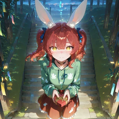 masterpiece, best quality, amazing quality, very aesthetic, absurdres, newest, scenery, 1girl,solo, heart-shaped box, incoming gift, tanabata, happy valentine, <lora:add-detail-xl:2> <lora:illustrious_noobai_epsilon_pred_1_best_quality_v1:0.8><lora:illustrious_noobai_epsilon_pred_1_masterpieces_v1:0.8> perfect hands, perfect fingers, stairs, grass, smooth hair, detailed hair,
<lora:Mera_Red_bunny_girl__Illustrious:1> green hoody, printed hoody, animal print,red skirt, frilled skirt, heart collar, Mera red, rabbit ears, golden eyes, triangle shaped pupils, light freckles, medium hair, pigtails with blue ribbons, bangs, (((adult))), small breasts, looking up, looking at viewer,
masterpiece, best quality, amazing quality, very aesthetic, absurdres, newest, scenery