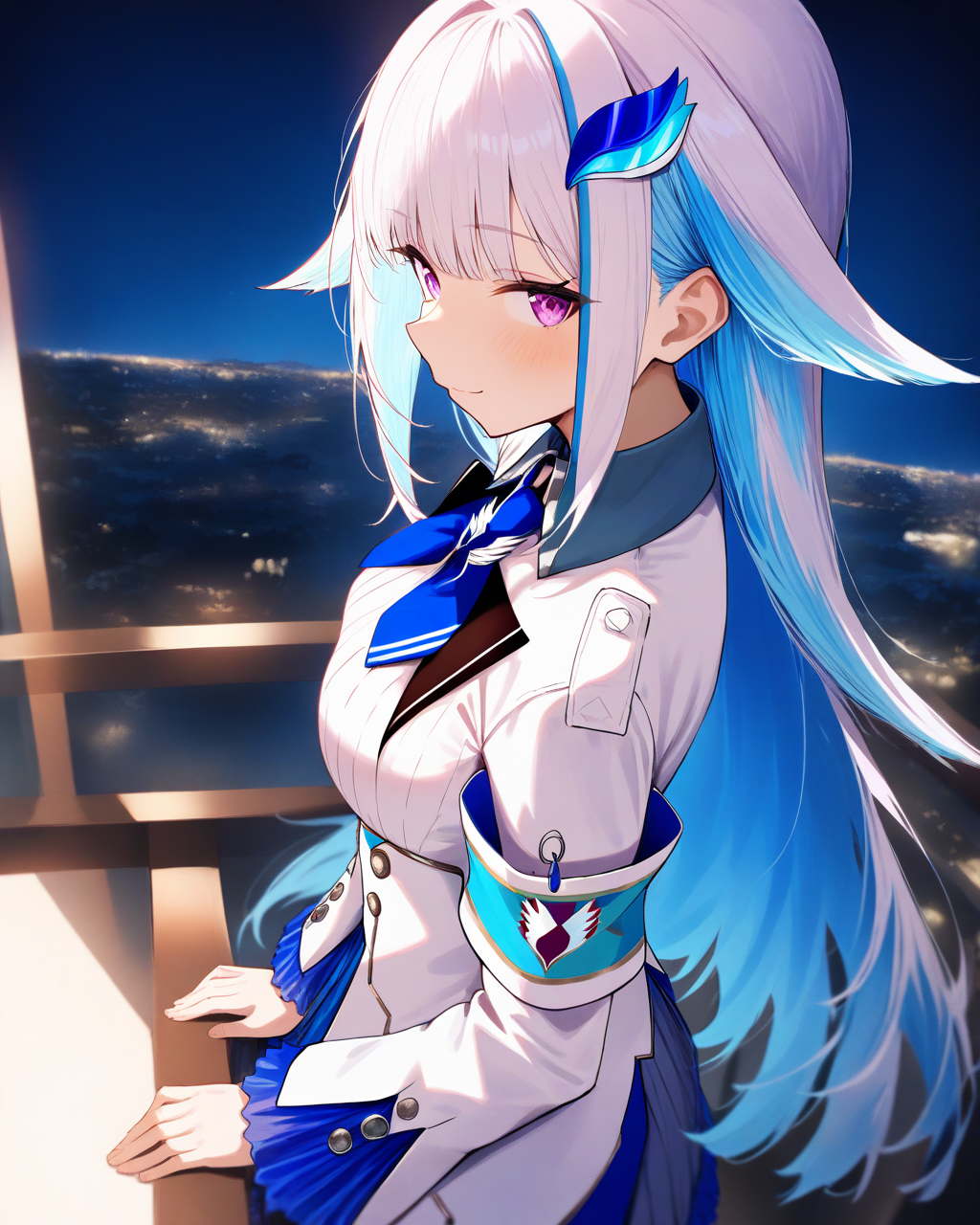 1girl,
LizeHelestaNijisanji,
LizeHelestaNijisanji1stCostume,
safe,
solo, perspective, dynamic angle, from side, upper body,
long hair, hair ornament, hair flaps,
purple eyes, light smile,
arm support,
white jacket, blue ascot, collared shirt, large breasts,
long sleeves, armband, safety pin,
night, balcony,
depth of field,
<lora:kp_LizeHelestaNijisanjiAnimagineXL_v1_1:1.0>,
masterpiece, high score, great score, absurdres