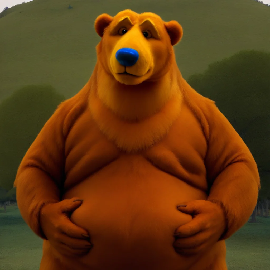 big bear, belly, no nipples, hands on belly, realistic, blue nose, very tall, looking down at viewer, in a valley