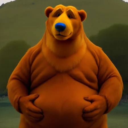 big bear, belly, no nipples, hands on belly, realistic, blue nose, very tall, looking down at viewer, in a valley
