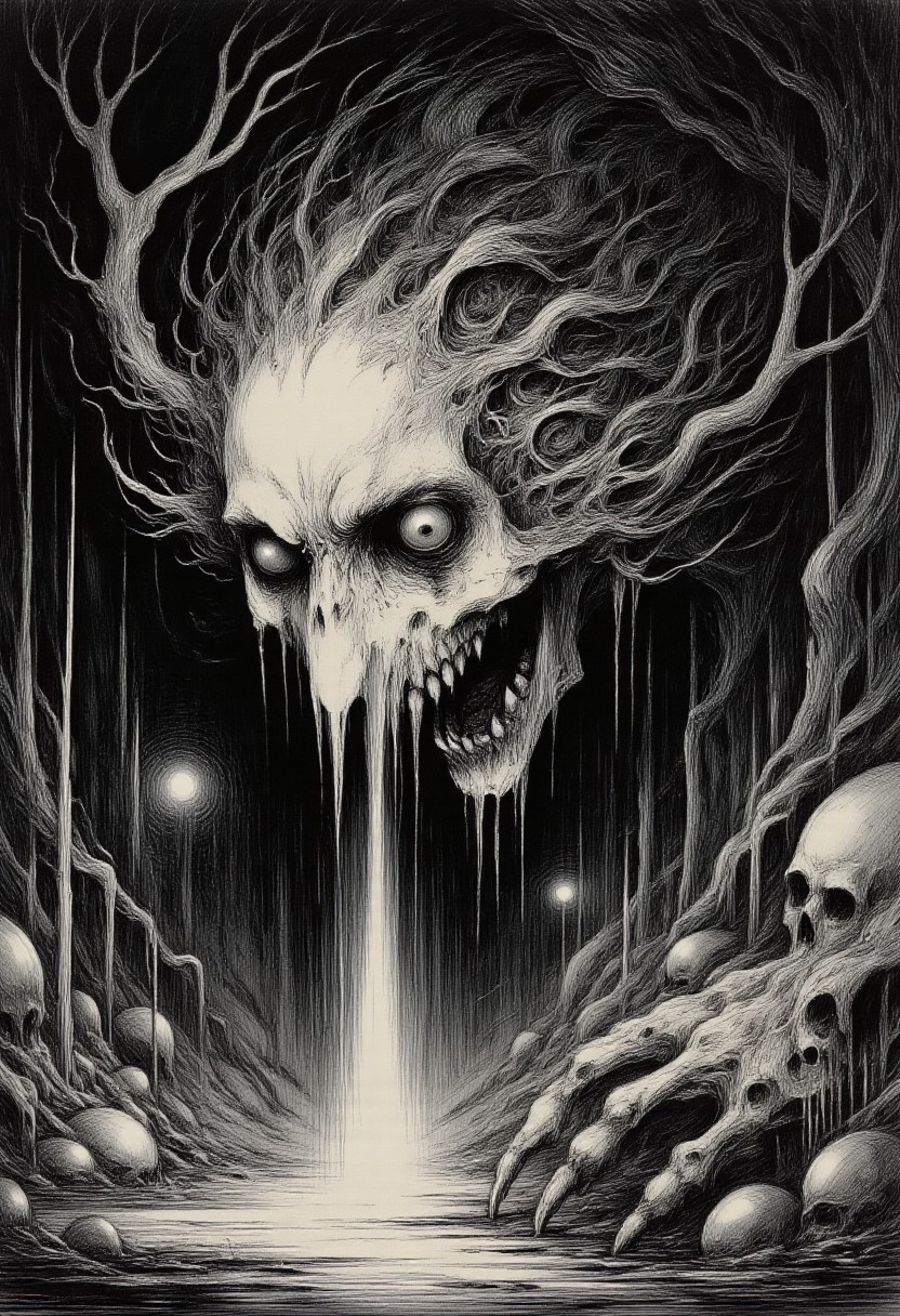 In the silence of darkness, among the shadows of the dead we hear now A wolf howling hungry to wake up children of the graves Only calmless spirits of corpses are passing by the altars Where everything but death is a lie From the twilight of the past Among the victims who died Something Wild has survived! hyper-detailed fantasy illustration quality. Best quality artwork, in the visual spirit of Brom, Ian Miller, and Marcin Jakubowski, Edward Gorey, merging gothic horror and high fantasy, into one surreal vision. fantasy horror, dark poetry, surreal atmosphere, absolute masterpiece, accurate, painterly style, highly aesthetic, hand drawn