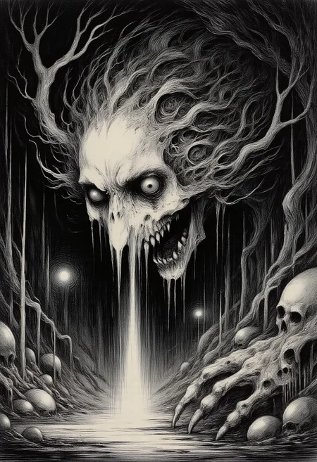 In the silence of darkness, among the shadows of the dead we hear now A wolf howling hungry to wake up children of the graves Only calmless spirits of corpses are passing by the altars Where everything but death is a lie From the twilight of the past Among the victims who died Something Wild has survived! hyper-detailed fantasy illustration quality. Best quality artwork, in the visual spirit of Brom, Ian Miller, and Marcin Jakubowski, Edward Gorey, merging gothic horror and high fantasy, into one surreal vision. fantasy horror, dark poetry, surreal atmosphere, absolute masterpiece, accurate, painterly style, highly aesthetic, hand drawn