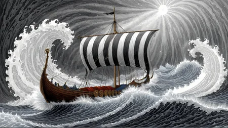 fantasy Art Nouveau cs-h0rsey-01-1000 black-tinted drawing, a coloured line drawing of a Viking ship with a striped sail and round shields on the side, huge stormy waves, white-toned, white filigree inlay, intricate, crisp lines, <lora:Viking_Ship:1>