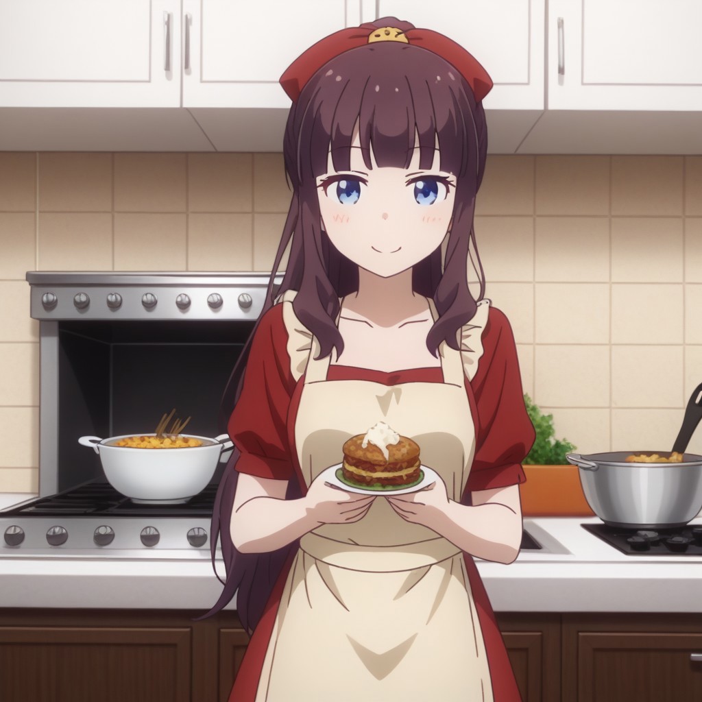 hifumi takimoto, solo, 1girl, apron, cooking, kitchen, (smiling:0.5),,
fresh food, tasty food, simple food,,
looking at viewer,, 2D, anime style, anime coloring,,masterpiece, best quality, absurdres, very aesthetic