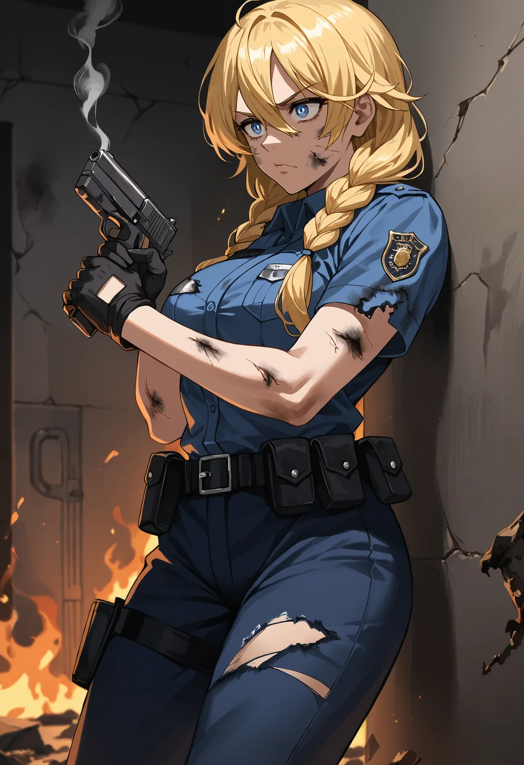 score_9, score_8_up, score_7_up, 1girl, blue eyes,detailed pupils, twin braids,blonde hair,long hair, action shot, knees, (holding gun:1.1), burnt clothes, burnt-clothes, burnt, (torn clothes:1.1), smoke, dirty, dirty face,large breasts, indoors, serious,police uniform, fire, smoke, hair between eyes, against wall, burnt shirt, cowboy shot
<lora:Burned Clothes (pony) v1:1>