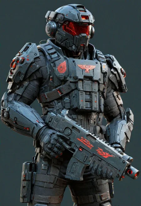 man in (neon red) mad-bdyarmr, holding bltgun bolter weapon, helmet, night, cyberpunk road, fullbody view, (masterpiece:1.2), best quality, (hyperdetailed, highest detailed:1.2), high resolution textures