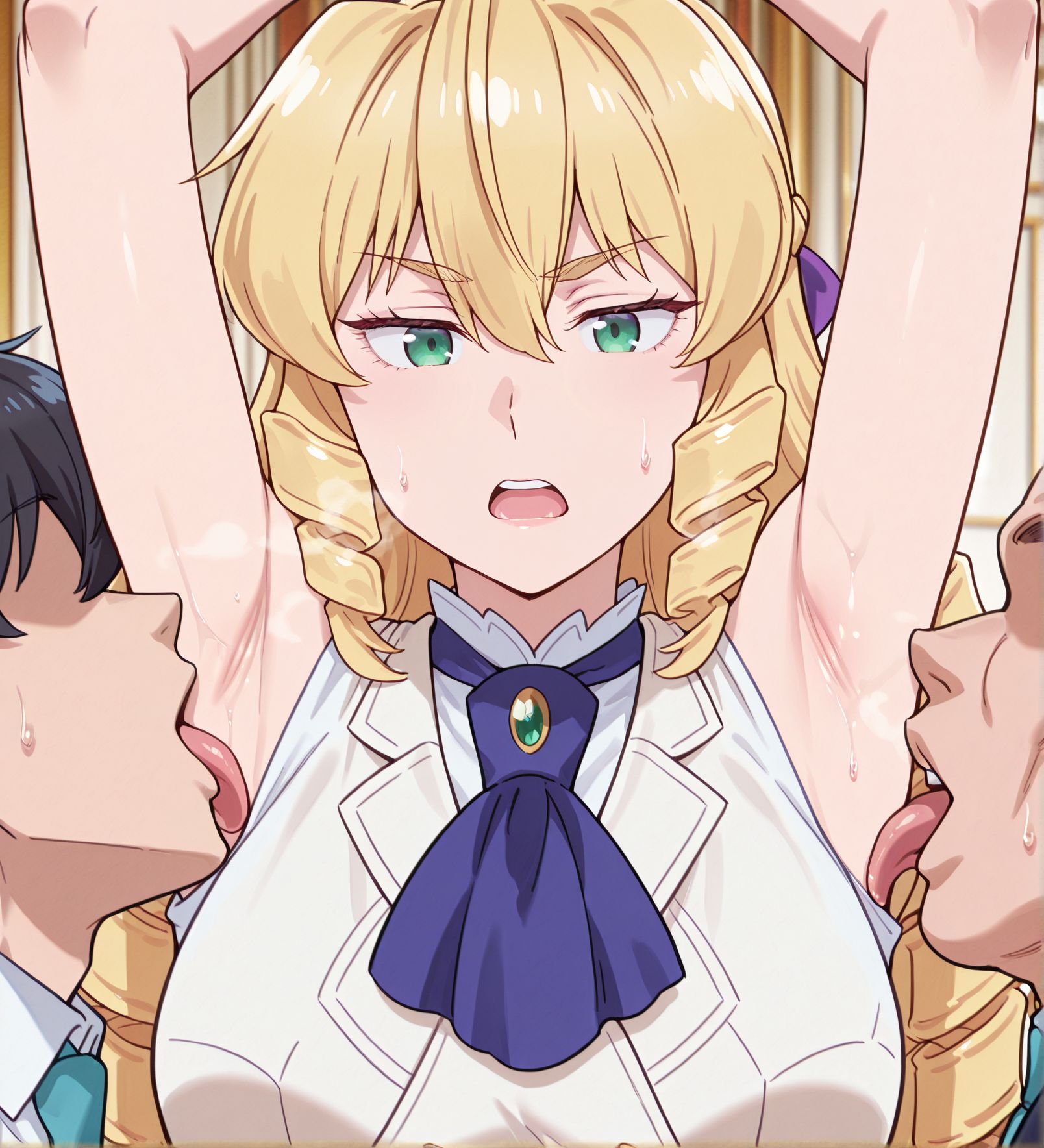 masterpiece, best quality, newest, absurdres, highres, detailed eyes, beautiful, detailed background, perfect eyes, anime coloring, anime screencap,
<lora:Armpit_sex:1>Armpit_sexV1, 
arms up, licking armpit, moaning, grabbing,
licking, armpits, tongue, tongue out, heavy breathing, open mouth, 
1girl, 2boys, hetero, sweatdrop, sweat, steaming body, 
BREAK
 1girl, looking at viewer, gradient background,   grace auvergne (akuyaku reijou tensei ojisan), long hair, blonde hair, drill hair, braid, hair ribbon, hair between eyes, green eyes, school uniform, white shirt blue ascot, jewelry, <lora:grace_auvergne-akuyaku_reijou_tensei_ojisan_s1_v2-ixl-anime-soralz:1>
 sleeveless, 
BREAK
 faceless male, fat,ugly,old,