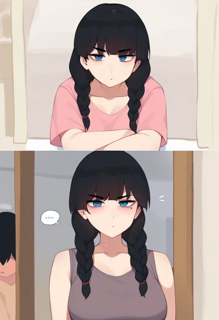 lora:pepper0V1_r1:1>, large breasts, 1girl, braid, hetero, black hair, original, blue eyes, twin braids, blunt bangs, nude male clothed female, eyebrows visible through hair, long hair, mole under eye, collarbone, blush, solo focus, loose oversized shirt, baggy T-shirt, bottomless, sweaty, hot day, bored expression, closed mouth, standing, , morning, short boy, high girl, pesters her, l i t t l e boy, plot, before and after, before she is angry and hit him on head, after she is coping with bearing him, 1boy, before she is angry and wild eyes, after she is so kind and pretty, (((morning and evening)))