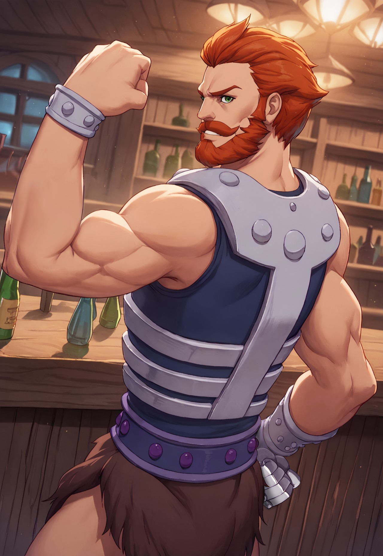 score_9, score_8_up, FHRevelati0n, short hair, redhead, green eyes, beard, mustache, muscular, sleeveless blue top, armor, dark-purple metal belt, gauntlet, wristband, raising fist, brown fur loincloth, looking at viewer, smirk, dynamic pose, detailed background, dutch angle, sci-fi, bar, window, bottles, upper body, cowboy shot, flexing, side view, bloom, dust,