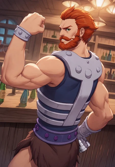score_9, score_8_up, FHRevelati0n, short hair, redhead, green eyes, beard, mustache, muscular, sleeveless blue top, armor, dark-purple metal belt, gauntlet, wristband, raising fist, brown fur loincloth, looking at viewer, smirk, dynamic pose, detailed background, dutch angle, sci-fi, bar, window, bottles, upper body, cowboy shot, flexing, side view, bloom, dust,