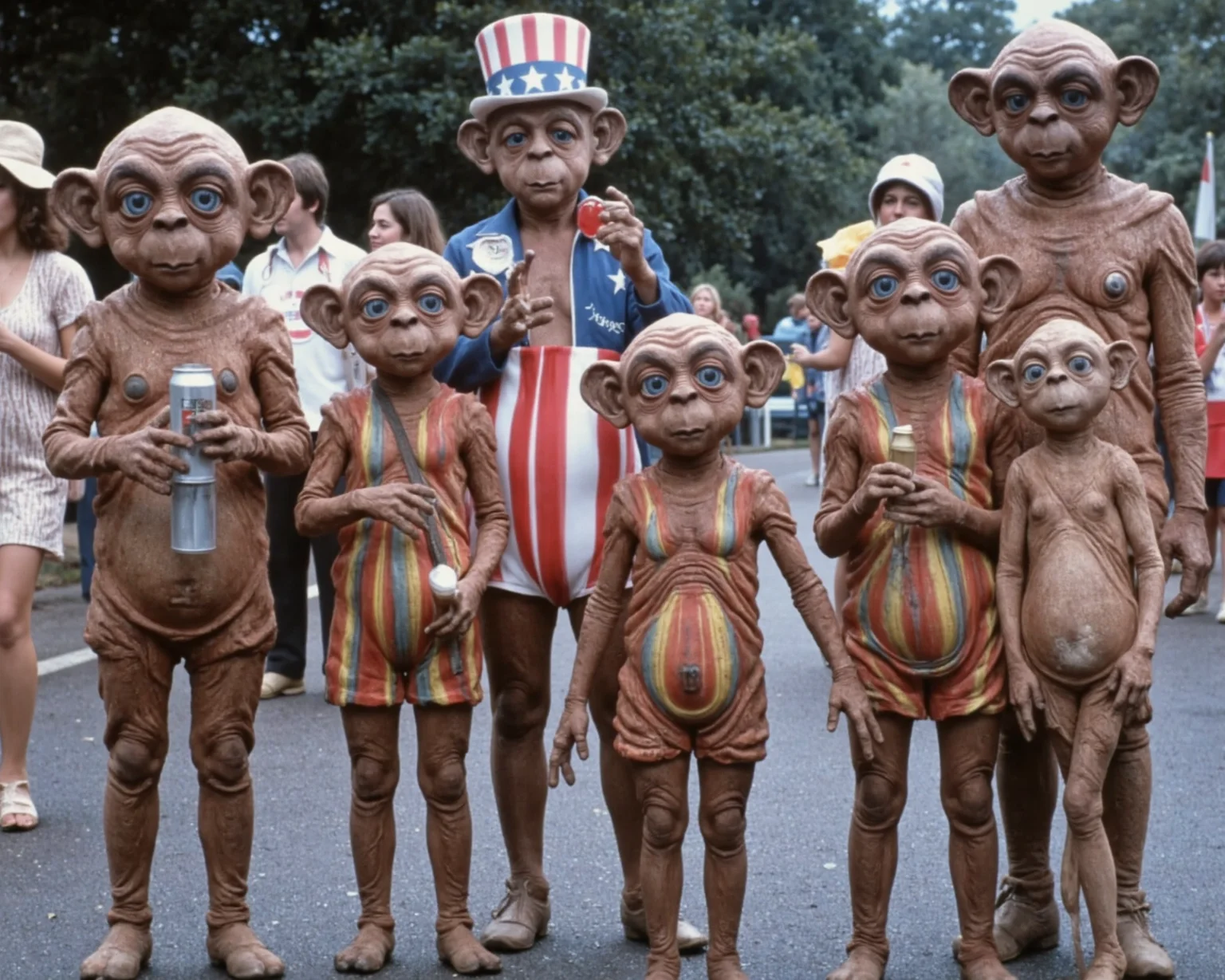 A highly detailed photo of a diverse fashionable menagerie of alien and ET the extra-terrestrial alien races and species, of different body shapes and sizes, various faces and heads, differing neck lengths, wearing a rainbow of radioactive glowing plaid USA leisure suits, short and tall, fat and thin, ears and no ears, different eye colors, in a parade celebrating the USA bicentennial in 1976. Mac with pointy elven ears, Nukie round ears, only ET does not have ears, beer can Mac, stoned Nukie, Uncle Sam ET, tri-corner hat Nukie, fat ET, Mac the knockoff extra terrestrial.