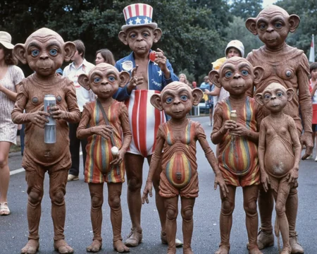 A highly detailed photo of a diverse fashionable menagerie of alien and ET the extra-terrestrial alien races and species, of different body shapes and sizes, various faces and heads, differing neck lengths, wearing a rainbow of radioactive glowing plaid USA leisure suits, short and tall, fat and thin, ears and no ears, different eye colors, in a parade celebrating the USA bicentennial in 1976. Mac with pointy elven ears, Nukie round ears, only ET does not have ears, beer can Mac, stoned Nukie, Uncle Sam ET, tri-corner hat Nukie, fat ET, Mac the knockoff extra terrestrial.