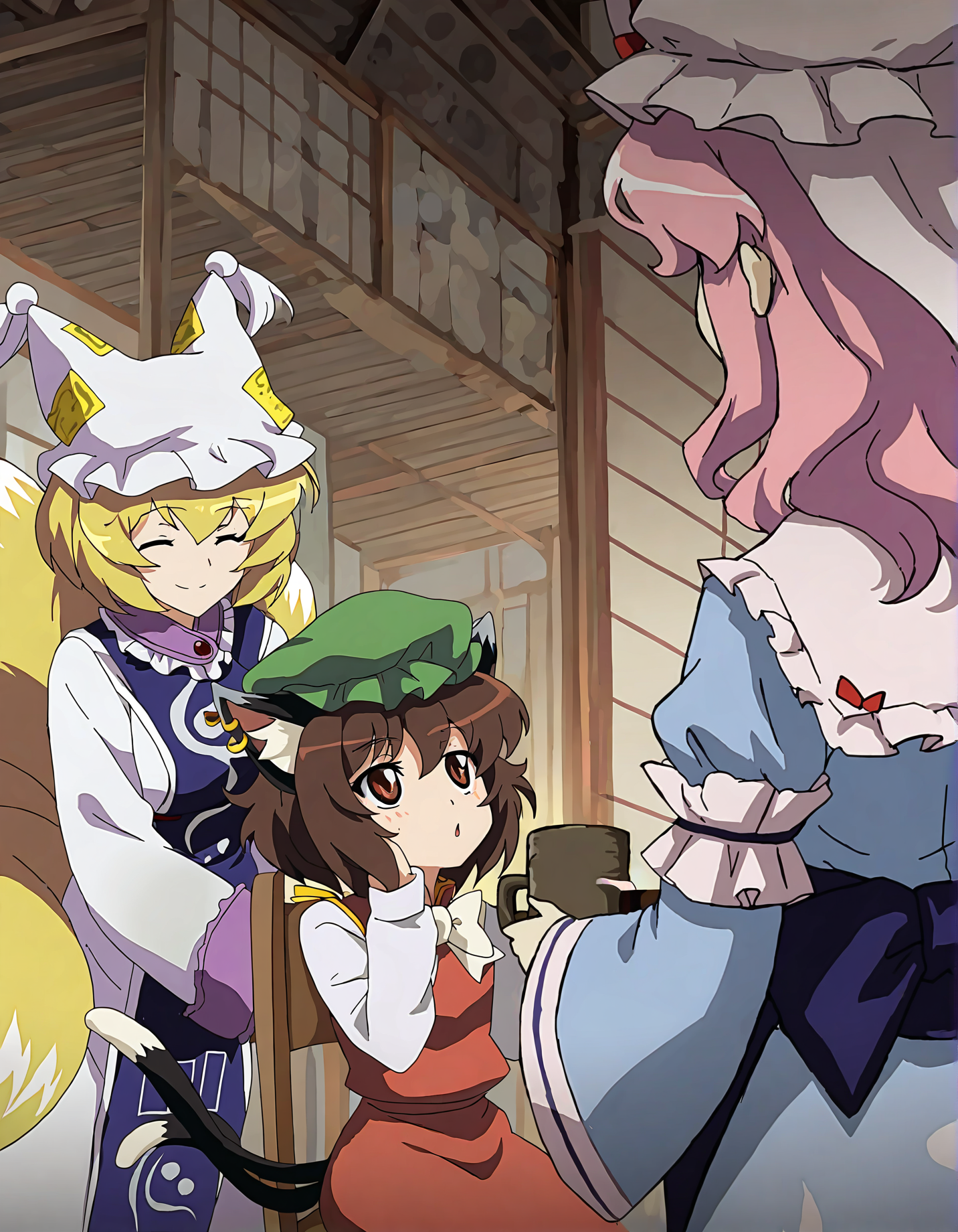 memoriesofphantasm, chen, yakumo yukari, multiple girls, yakumo ran, saigyouji yuyuko, hat, animal ears, blonde hair, tail, cat ears, multiple tails, fox tail, mob cap, 4girls, brown hair, long hair, pink hair, cat tail, short hair, sitting, ribbon, triangular headpiece, japanese clothes, dress, tabard, general, smile, long sleeves, yellow eyes, cup, animal hat, brown eyes, kimono, hair bow, hat ribbon, wide sleeves, bow, nekomata, fox ears, pink eyes, yin yang, white dress, jewelry, frills, two tails, closed eyes, vest, very long hair, sensitive, earrings, looking at another
very awa, masterpiece, best quality, year 2024, newest, highres, absurdres, <lora:memories-of-phantasm-style-noobai-vpred10:1>