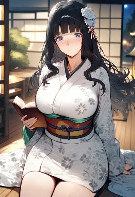 score_9, score_8_up, score_7_up, score_6_up, score_5_up, score_4_up, source_anime, <lora:SET v0.1:1>,
1girl, solo, long hair, looking at viewer, huge breasts, blush, black hair, long sleeves, hair ornament, holding, closed mouth, sitting, flower, sidelocks, japanese clothes, indoors, blunt bangs, hair flower, wide sleeves, kimono, blurry, tree, grey eyes, book, sash, night, depth of field, floral print, obi, holding book, white kimono, wooden floor, open book, bookshelf, print kimono, wind chime, eyeliner,