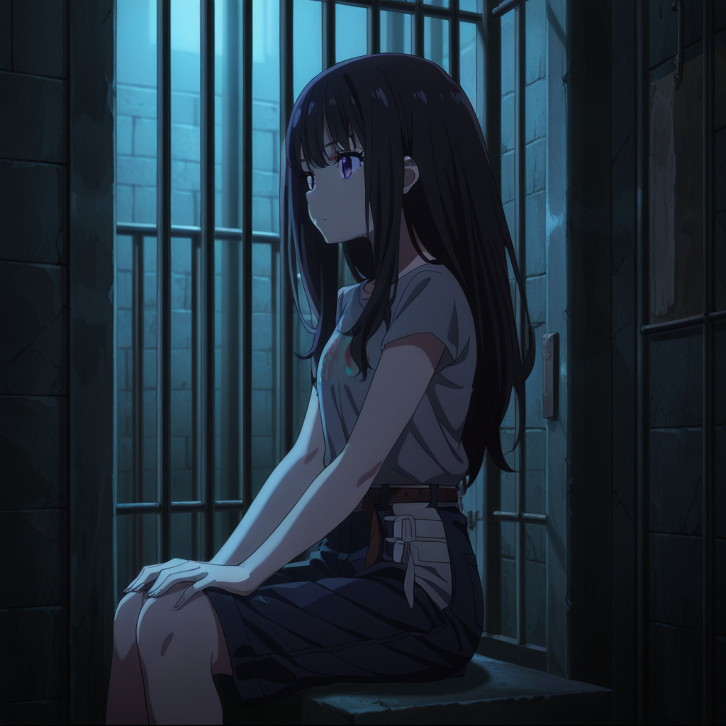 nsfw, masterpiece,best quality,amazing quality,1girl, solo, lycoris_recoil_takina_lnoue, long hair, black hair, sitting, shirt, purple eyes, bangs, short sleeves, shorts, belt,hands on own knees, grey shirt, t-shirt, prison cell, <lora:Takina_Inoue_-_Lycoris_Recoil:0.7>