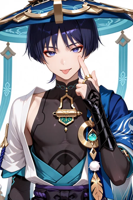 lazypos, uscaramouche \(genshin impact\), wanderer \(genshin impact\), 1boy, :p, akanbe, armor, black bodysuit, black bridal gauntlets, blue cape, blue hat, blunt ends, bodysuit, bridal gauntlets, cape, clenched hand, eyelashes, eyelid pull, eyeliner, eyeshadow, finger to eye, gold, gold ring, hands up, hat, japanese armor, japanese clothes, jingasa, kimono, kote, kurokote, looking at viewer, makeup, male focus, mandarin collar, middle ring, open clothes, open kimono, purple eyes, purple hair, red eyeliner, red eyeshadow, shoulder peek, solo, tongue, tongue out, upper body, white background, white kimono, white sleeves <lora:TrendCraft_The_Peoples_Style_Detailer-v1.0A-3_13_2025-illustrious:0.2>