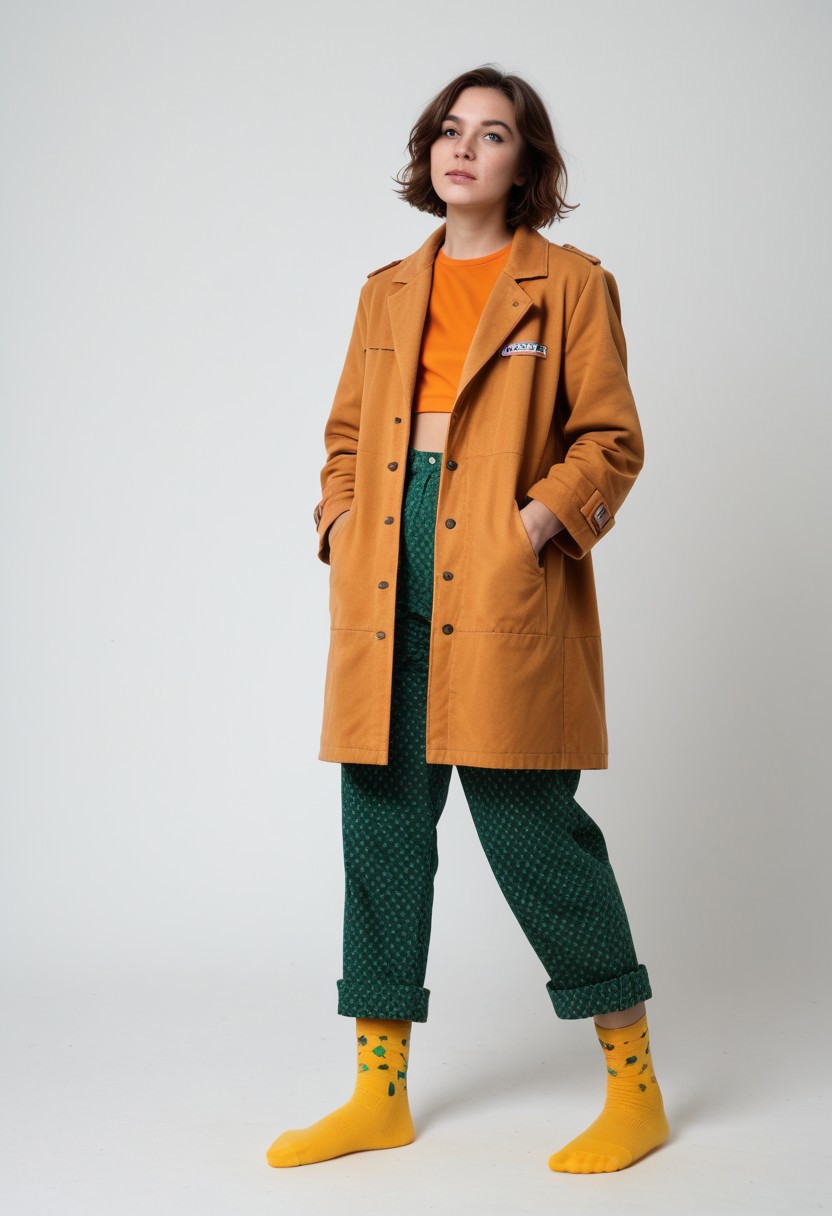 (realistic photograph of woman), 1girl, solo, simple_background, white_background, scksnsndls, patterned red and yellow socks, green trousers, orange and brown coat, short_hair, looking_away, full_body, (birksonsocks, birkenstock)