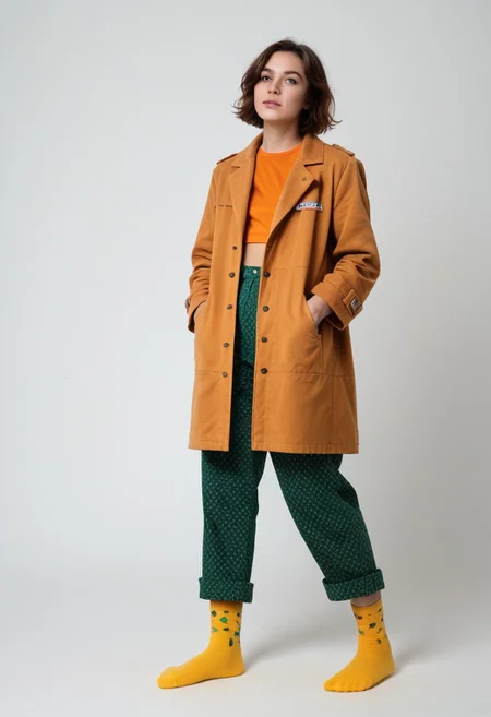 (realistic photograph of woman), 1girl, solo, simple_background, white_background, scksnsndls, patterned red and yellow socks, green trousers, orange and brown coat, short_hair, looking_away, full_body, (birksonsocks, birkenstock)
