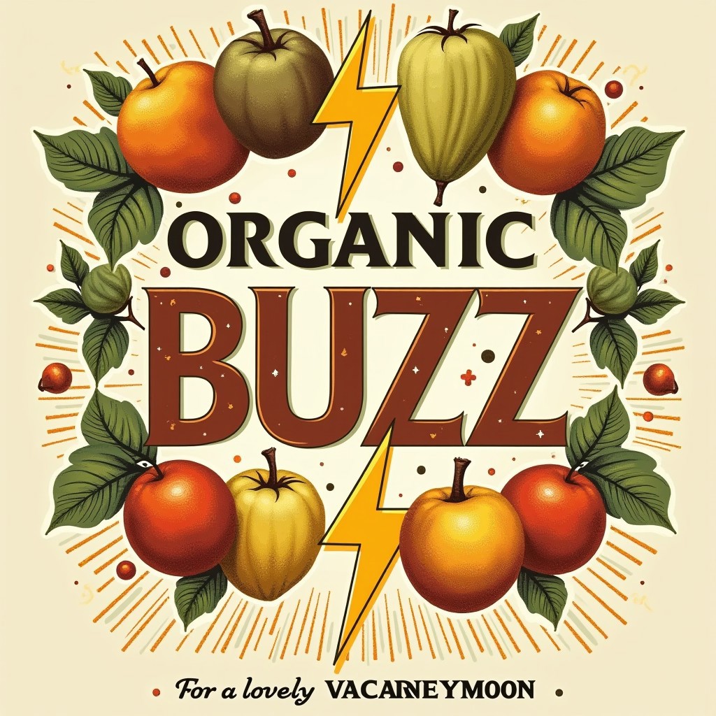 a vintage label illustration depicting lightning bolt shaped fruit, fruit labels, large logo that spells "ORGANIC BUZZ" At the bottom is the legend "For a lovely vacaneymoon"