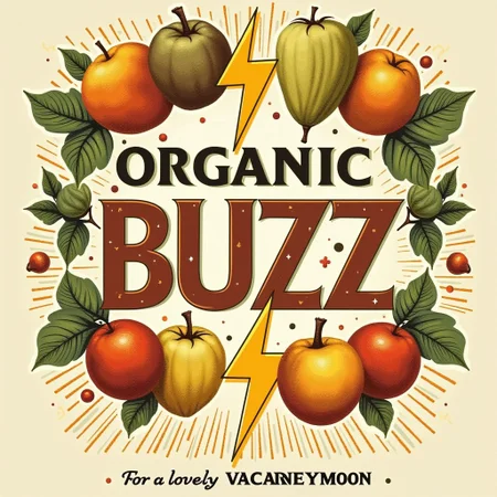 a vintage label illustration depicting lightning bolt shaped fruit, fruit labels, large logo that spells "ORGANIC BUZZ" At the bottom is the legend "For a lovely vacaneymoon"