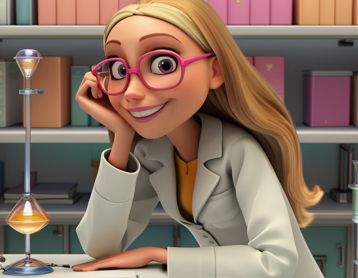 score_9, score_8_up, score_7_up, source_anime, <lora:honey-lemon-movie-ponyxl-lora-nochekaiser:1>, honey lemon, long hair, blonde hair, 3d,, glasses, pink-framed eyewear, coat, labcoat, white coat,, indoors, smile, looking at viewer, solo, sitting, head rest,, cowboy shot, dutch angle