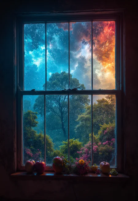 Watching the rain storm from the window of a country home, vibrant glow