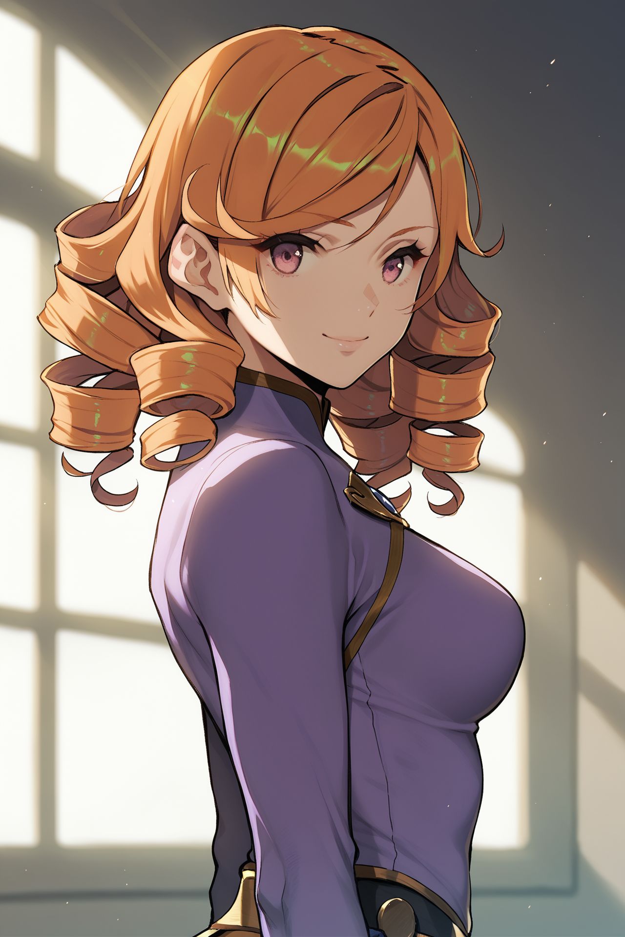 score_9, score_8_up, score_7_up, 1girl, fit female, textured skin, seductive smile, orange hair, side-swept bangs, ringlets, pink eyes, medium breasts, purple shrug, god rays <lora:saitom_PonyXL_style_v02:1>