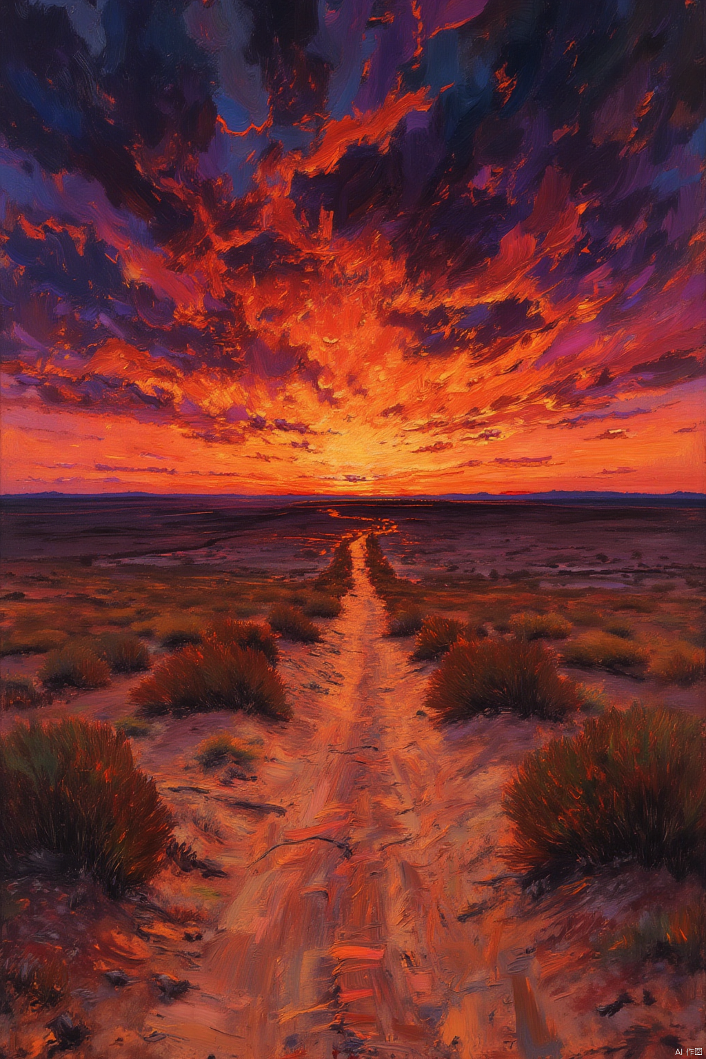 oil painting,OByouhua,
A dramatic oil painting of a vast, arid plain, stretching towards a dramatic, blood-orange sunset. The colors are intense, conveying a sense of isolation and vastness. The brushstrokes are bold and sweeping, capturing the endless expanse of the desert and the harsh beauty of the landscape.