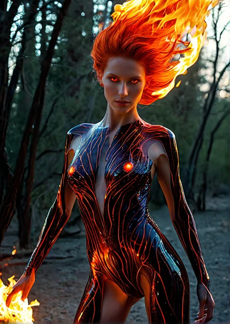 Photo of Firos, launching fire from her hands, burning down a woodland, (detailed beautiful face, detailed, ultra-detailed body:1.1),best quality,photo-realistic,highly detailed,absurdres,cinematic lighting,hyper-realistic,sharp focus,32k resolution,detailxl,SimplePositiveXLv2,