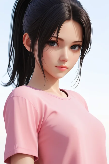 1girl, white background, 3d, <lora:Kak_Ros_UpinIpin:1> kak_ros, black hair, black eyes, ponytail, pink shirt, looking at viewer