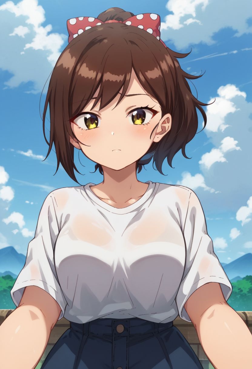 score_9, score_8_up, score_7_up, source_anime, 
takasakiminami, outdoors, sky, day, cloud, blue sky, pov, ponytail, white shirt, polka dot bow, tomboy