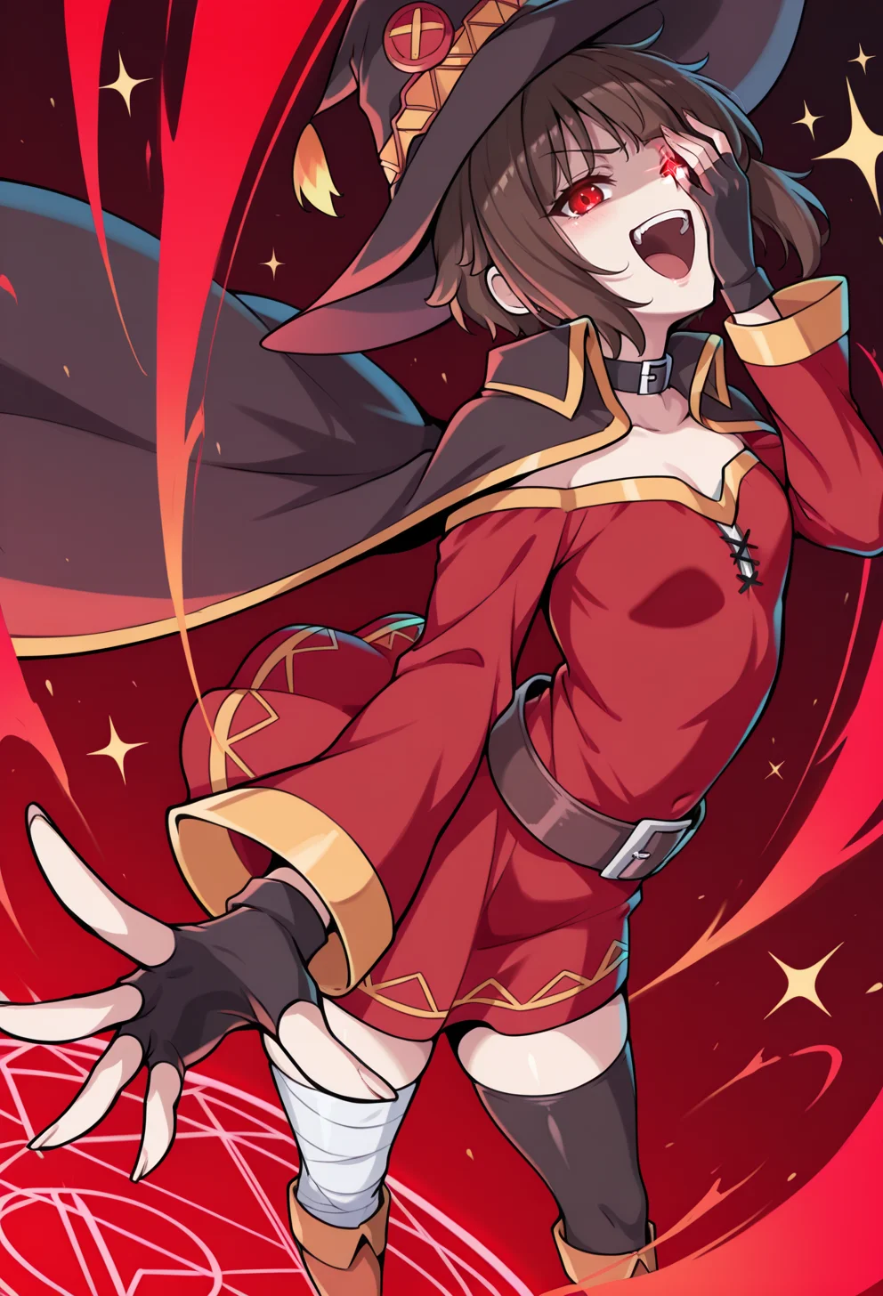 masterpiece, best quality, high quality, anime, <lora:AEMeguminIlx:1> AEMegumindef, red eyes, Brown hair, Belt choker, red dress, off-shoulder dress, Black gloves, fingerless gloves, Belt, mismatched legwear, asymmetrical legwear, bandaged leg, black thighhighs, knee boots, hat, Black cape,chuunibyou, jojo pose, hand over eye, red theme, magic circle,, highly detailed, sparkle, glowing eye, arched back, leaning back, crossed wrists, laughing, reaching towards viewer,
red theme, magic circle, dynamic pose, outstretched hand, fingernails, wind, dynamic angle, very aesthetic, vibrant, colorful, crazy laugh, casting spell, crazy eyes, crazy, open mouth,