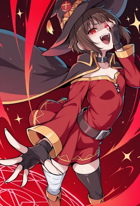 masterpiece, best quality, high quality, anime, <lora:AEMeguminIlx:1> AEMegumindef, red eyes, Brown hair, Belt choker, red dress, off-shoulder dress, Black gloves, fingerless gloves, Belt, mismatched legwear, asymmetrical legwear, bandaged leg, black thighhighs, knee boots, hat, Black cape,chuunibyou, jojo pose, hand over eye, red theme, magic circle,, highly detailed, sparkle, glowing eye, arched back, leaning back, crossed wrists, laughing, reaching towards viewer,
red theme, magic circle, dynamic pose, outstretched hand, fingernails, wind, dynamic angle, very aesthetic, vibrant, colorful, crazy laugh, casting spell, crazy eyes, crazy, open mouth,