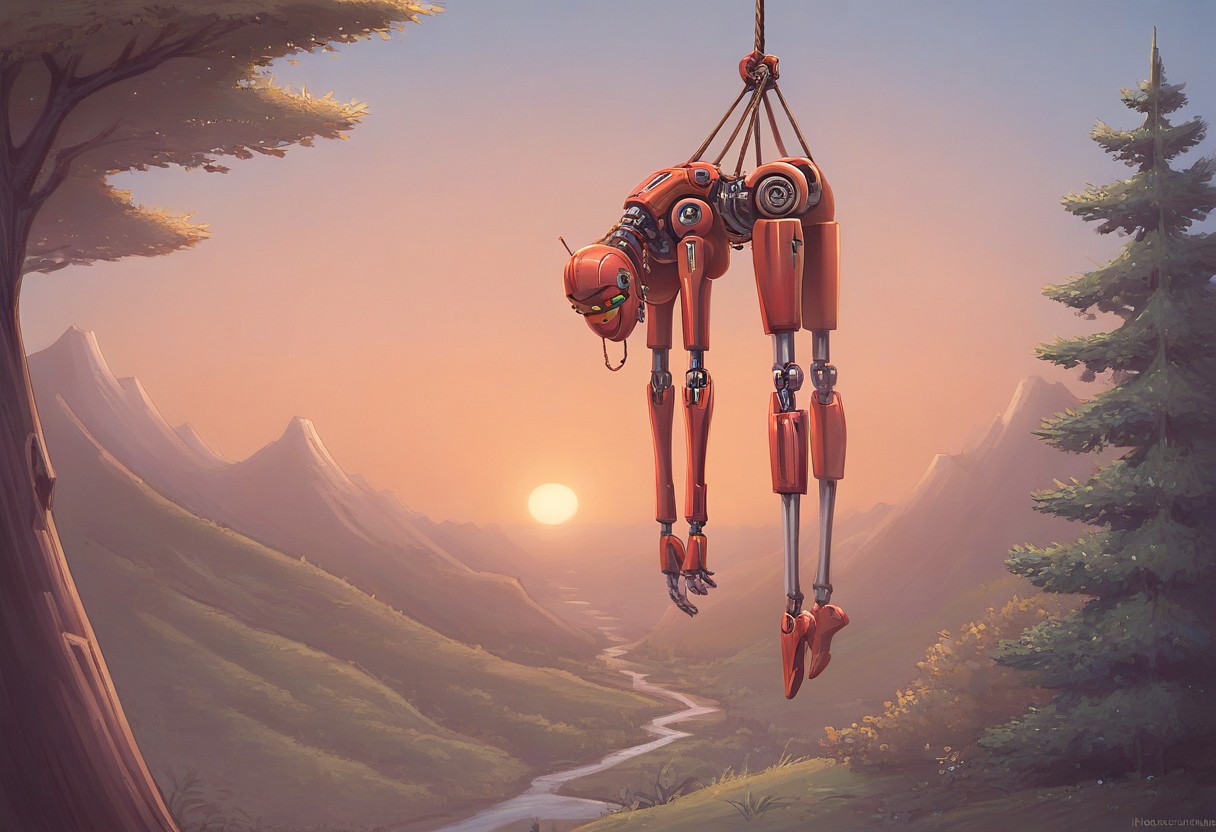 score_9, score_8_up, score_7_up, score_6_up. (hanging from a tree), (noose), (robot hanging), (from behind), (dangling), (sunset:1.4), (backlit), (robot), (hangman:1.8), (beautiful landscape), (robot hangman:1.7)