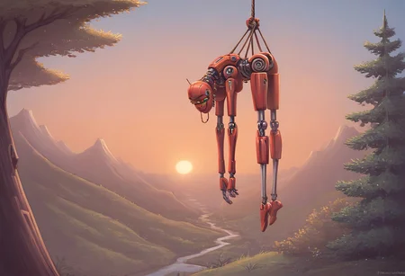 score_9, score_8_up, score_7_up, score_6_up. (hanging from a tree), (noose), (robot hanging), (from behind), (dangling), (sunset:1.4), (backlit), (robot), (hangman:1.8), (beautiful landscape), (robot hangman:1.7)