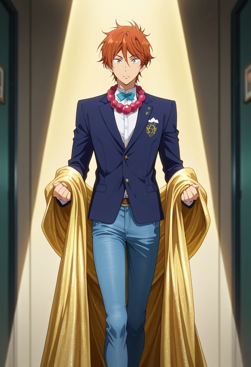 masterpiece, best quality, intricate details, anime screencap, anime coloring, official style, , 1boy, solo, male focus, <lora:momotarou_mikoshiba_ilxl:0.96>, momotarou_mikoshiba, orange hair, yellow eyes, fashion runway, spotlight beams, walking, flowing gown, focused expression, dramatic light, Cobalt Slim-fit jeans, Lace Canvas Cyan Blazer, , , Prayer beads and and