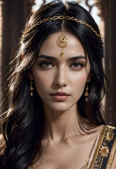 goddess of beauty and love, indian, sharp focus, long black hair complex hairstyle, grey eyes, by WLOP, intricate detail, with gold chain and jewelry, high contrast