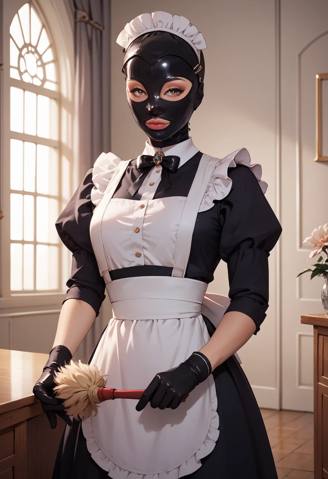 source_cartoon, score_9, score_8_up, score_7_up, score_6_up, score_5_up, , BREAK, 1girl, cowboyshot, well lit office, perfect eyes,
<lora:latexHoodPonyV3:1>,black latexhood, noHair, maid uniform, feminine, holding a duster, cleaning, , large windows, cowboy shot
