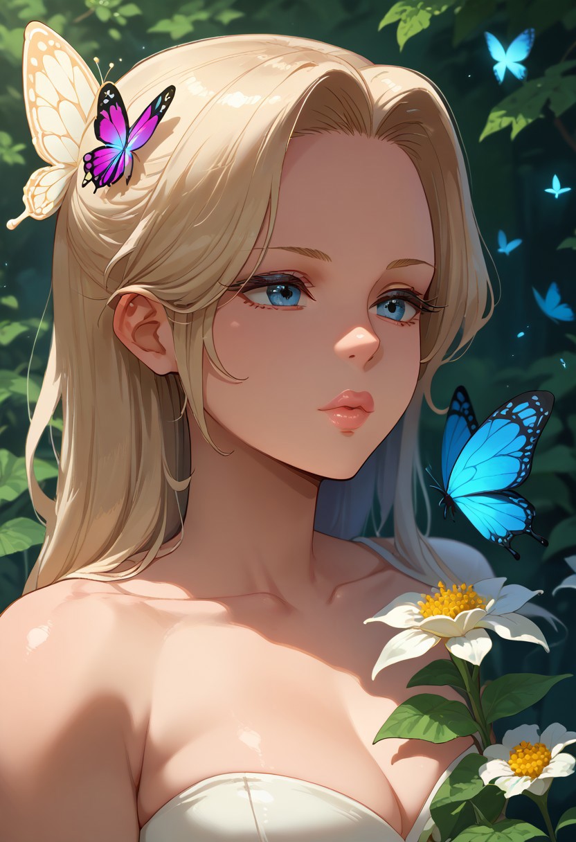 score_9, score_8_up, score_7_up, 1girl, original, bug, butterfly, flower, glowing, lips