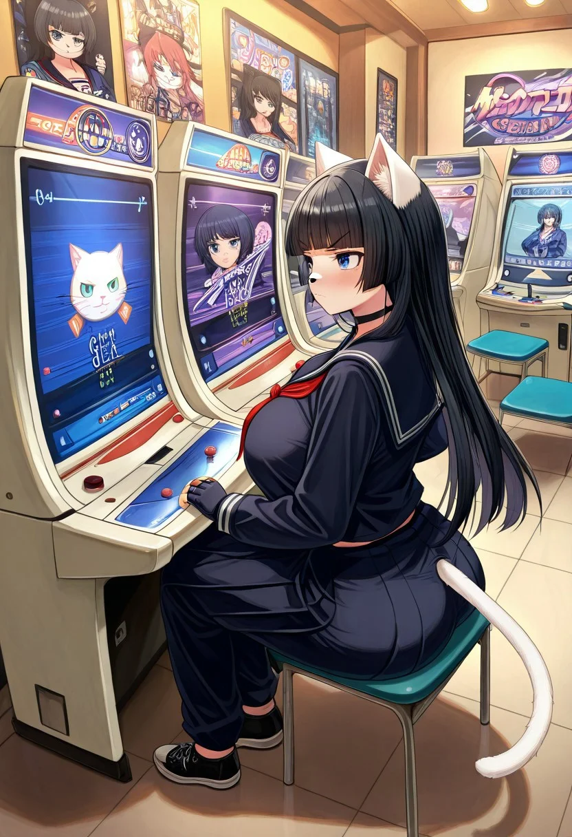 score_9, score_8_up, score_7_up, source_anime, well drawn, immaculate, highly detailed, intricate,
BREAK
1girl, ((cat furry)), ((white cat)), ((cat anthro)), ((white fur)), blue eyes, solo, large breasts, long hair, (((black hair))), hime haircut, hime, blunt bangs, 姫カット, huge boobs, tsundere, massive breasts, bakunyuu, grumpy, wide hips, black sneakers, cat ears, cat tail, black cat nose, black choker, fingerless gloves, playing an arcade game, arcade cabinet, game_center, scenery, japan, arcade cabinet, scenery, chair, indoors, poster Final Fight, Japanese school uniform, dark blue uniform, boy's uniform, sitting, playing games, delinquent girl,