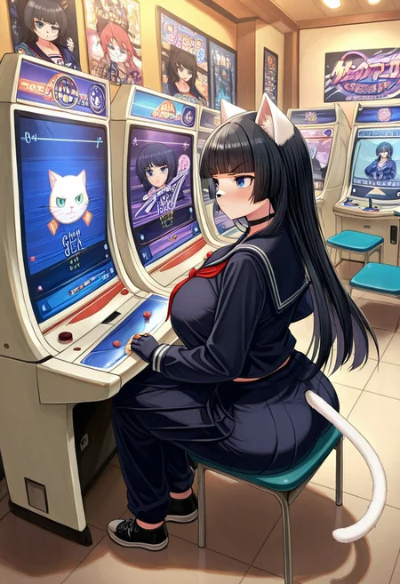 score_9, score_8_up, score_7_up, source_anime, well drawn, immaculate, highly detailed, intricate,
BREAK
1girl, ((cat furry)), ((white cat)), ((cat anthro)), ((white fur)), blue eyes, solo, large breasts, long hair, (((black hair))), hime haircut, hime, blunt bangs, 姫カット, huge boobs, tsundere, massive breasts, bakunyuu, grumpy, wide hips, black sneakers, cat ears, cat tail, black cat nose, black choker, fingerless gloves, playing an arcade game, arcade cabinet, game_center, scenery, japan, arcade cabinet, scenery, chair, indoors, poster Final Fight, Japanese school uniform, dark blue uniform, boy's uniform, sitting, playing games, delinquent girl,