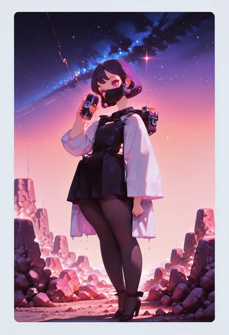 , masterpiece, best quality,
(dramatic lighting, shadows, dynamic posture)
,
((cropped upper body, close up)) ,
evening light, shadowy
,
(from above ,
from side, side shot
),
1girl,
legs crossed
,
very short hair ,
swept bangs ,
ultra detailed eyes, (flat chest), [[[abs]]],
black face mask covering mouth  ,tsurime , subtle purple  eye makeup ,
( victorian black maid dress ),
pumps, sheer black tights  ,
skindentation, ((chubby thick legs), thick legs, chubby legs), thick calves,
lab coat ,
shadows ,
dynamic perspective,
BREAK
drinking can juice, hand up
,
(simple background, simple gradient pastel khaki  background with white border),
,  majestic milky way in sky , minarets ,rocks
,
flatline, fl4t,
oyarcf, usnr,
(nurzhan bekkaliyev)
,
,
<lora:TrendCraft_The_Peoples_Style_Detailer-v1.0A-3_13_2025-illustrious:0.4>
<lora:sdxl_turbo_weghts_beta_v0_1_0:0.95>
<lora:fl4t:1.4>
<lora:Nurzhan_Bekkaliyev:1.25>
<lora:oyarcf:0.6>
<lora:USNR STYLE_XL_loha:0.75>
,
, , ,
