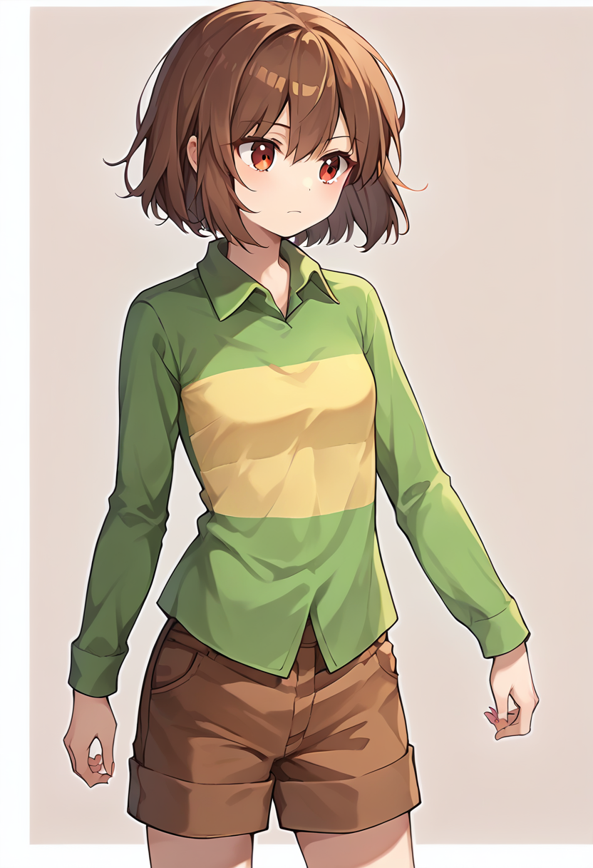 score_9, score_8_up, score_7_up, source_anime , <lora:Chara pony:0.8>,  chara, 1girl, shorts, shirt, brown hair, solo, striped, collared shirt, simple background, brown shorts, long sleeves, cowboy shot, green shirt, striped shirt, red eyes, small breasts