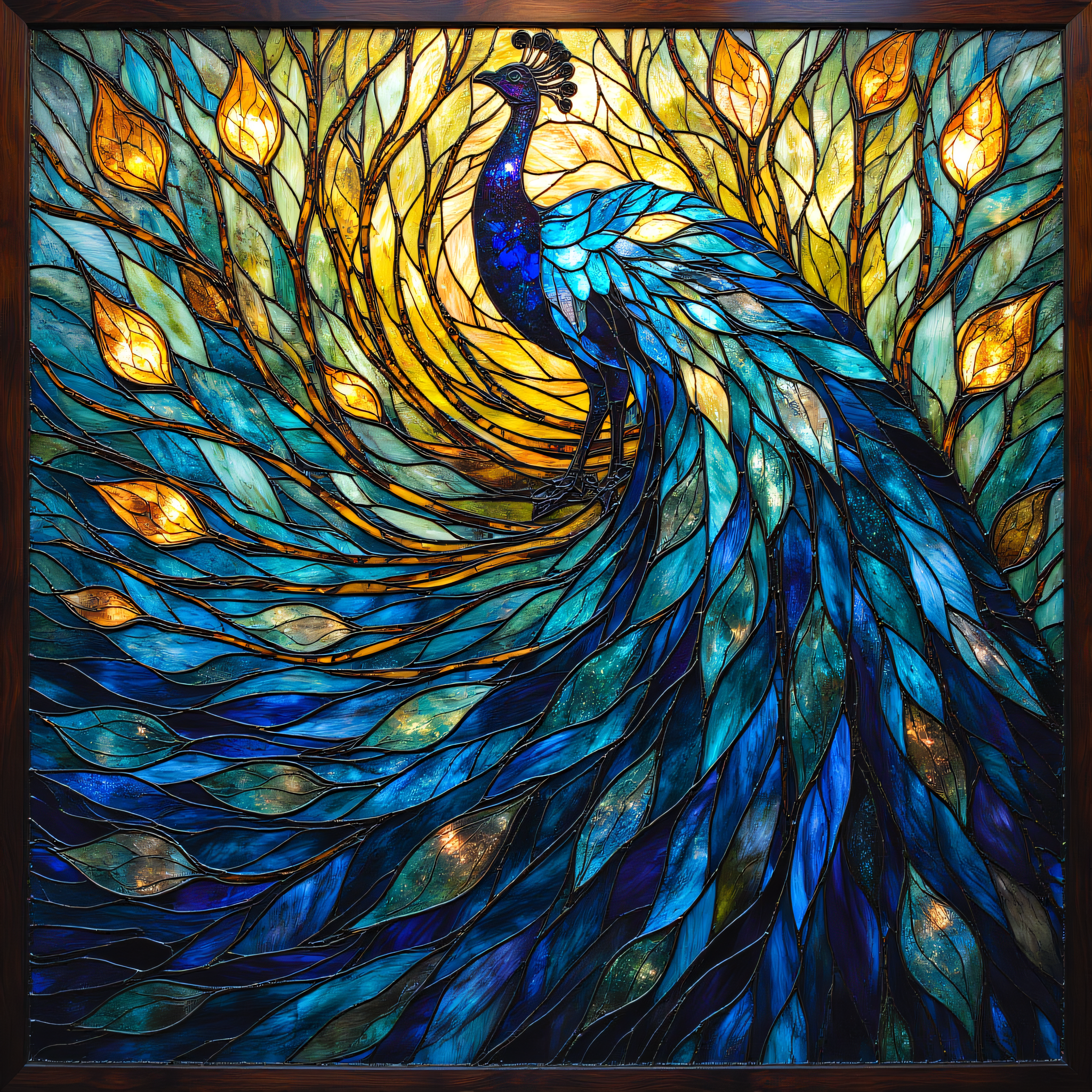 ArsMJStyle, Stained Glass, A regal peacock with its tail fully fanned out, the feathers forming an elaborate display of swirling blues, greens, and golds. Each feather contains delicate details and shines with glowing stained glass textures.