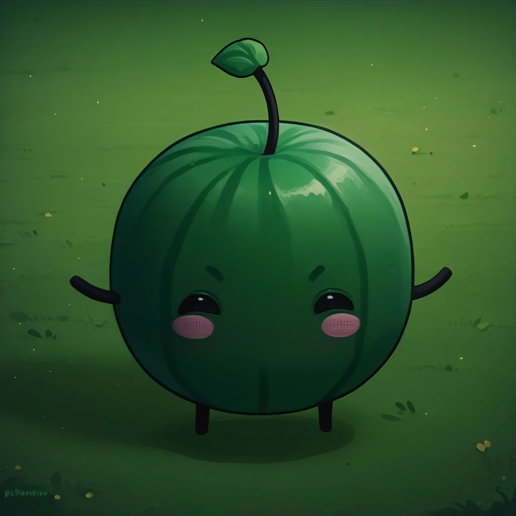 score_9, score_8_up, 1girl, solo, <lora:NSJunimoStardew:1> NSJunimoStardew, green skin, blush stickers, no mouth, solid circle eyes, black eyes, sprout on head, creature, no humans, full body, <lora:ChamWatamelonPonyXL:1> Watamelon, chibi, watermelon, outdoors