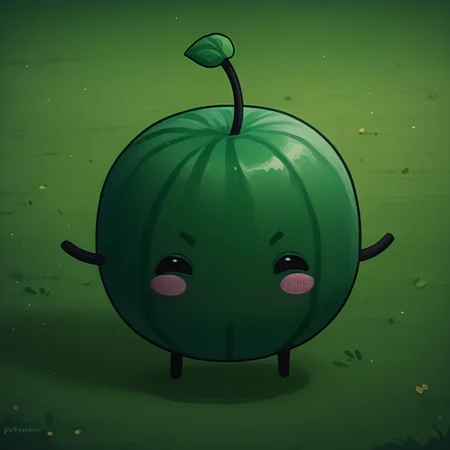 score_9, score_8_up, 1girl, solo, <lora:NSJunimoStardew:1> NSJunimoStardew, green skin, blush stickers, no mouth, solid circle eyes, black eyes, sprout on head, creature, no humans, full body, <lora:ChamWatamelonPonyXL:1> Watamelon, chibi, watermelon, outdoors